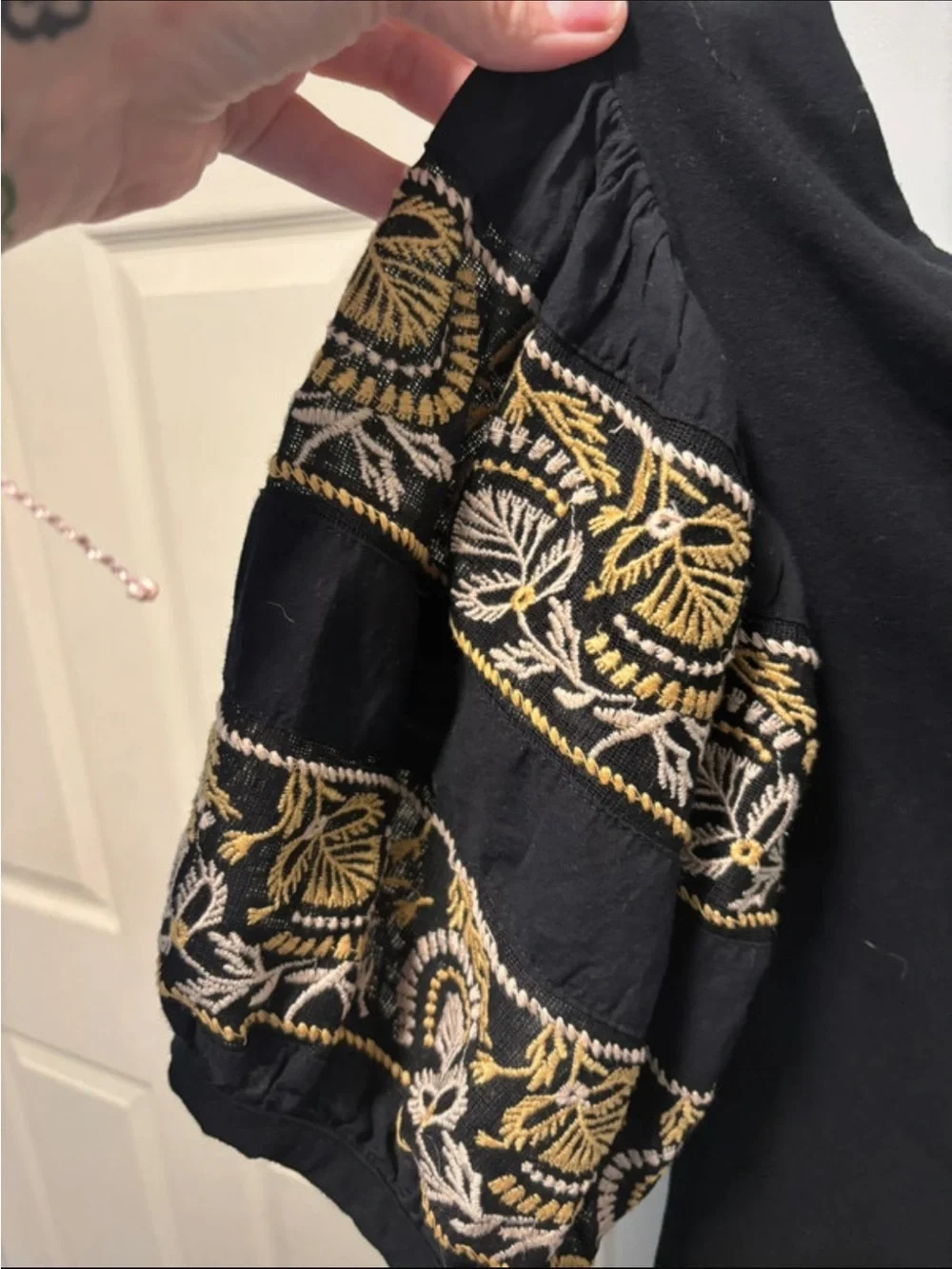 Free People Black Top with Gold Embroidered Puff Sleeves